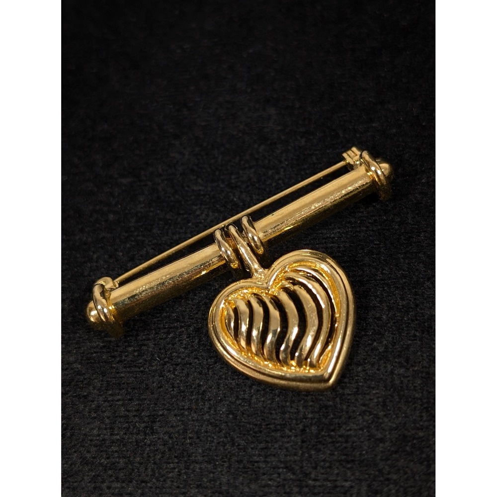Vintage Gold Tone Bar Brooch Dangling Heart Charm Love Romantic Pin